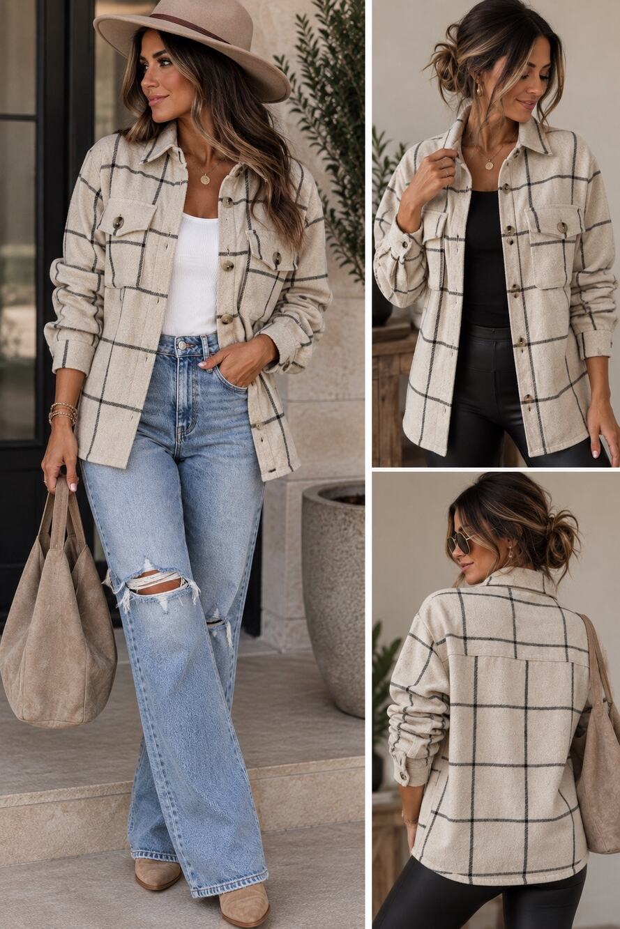 Kendall + Kylie Cream Black Windowpane Plaid Shacket Shirt Jacket Size M